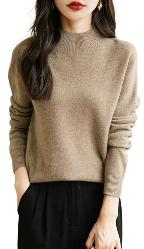 Chanyarn Maglione da Donna in 100% Lana Merino Collo Alto Demi Lavorato a Maglia Senza Cuciture a Maniche Lunghe (Tan,M)