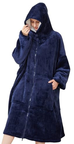 Reißverschluss Hoodie Decke mit Ärmeln Kuscheldecke Damen Tragbare Decken | mit Kapuze Tasche, Kuschelmantel Flauschig, Übergroße Kuschelpullover Herren, Oversize Hoody zum Anziehen Blau