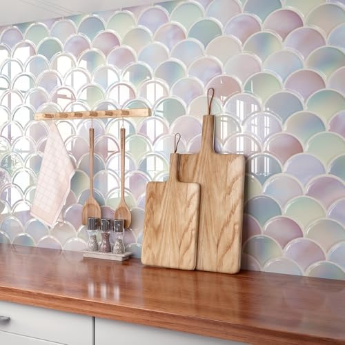 FunStick Stick on Tiles Kitchen Pink Wall Fish Scale Peel and Stick 3D Tile Stickers for Kitchen Splashback Waterproof Light Purple Self Adhesive Wall Tiles Bathroom Vinyl Tile Stickers 30x30CM 5 Pcs
