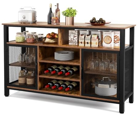 GiantexUK Kitchen Storage Cabinet, Wooden Buffet Sideboard with Wine Racks, Glass Holders, Metal Mesh Doors & Shelves, Freestanding Cupboard Organize Unit for Dining Living Room (Rustic Brown+Black)