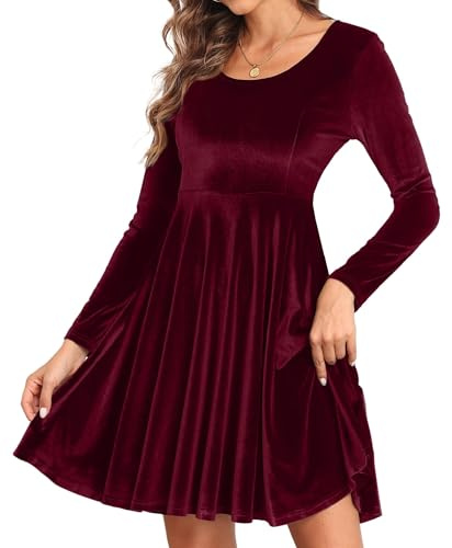 CheChury Damen Samtkleid Elegant Abendkleid Langarm Cocktail Knielang Ballkleid Rundhals Bodycon Festliche Party Hochzeit Winter Retro Silvester, Wein, M