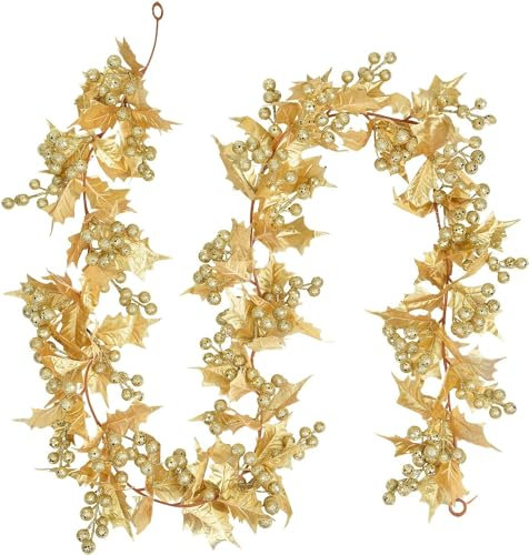 LATERN Guirnalda Navideña de Bayas Doradas, 175CM Flexible Guirnalda de Bayas Artificiales con Baya Doradas Brillante y Hojas de Acebo para Invierno Navidad Año Nuevo Chimenea Puerta Árbol Decoración