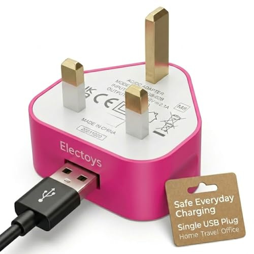 Electoys Single USB Plug UK - 5V 1A USB Plug - Fast Charger Plugs Head - UK 3 Pin Plugs With Cable Port - Main Wall Charging Adapter - Compatible with iPhone 7 8 XS Max XR 11 12 Samsung, Redmi, Huawei