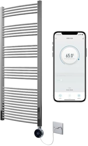 Greened House Chrome Electric WiFi Heated Towel Rail 500mm W x 1800mm H | Curved Design, Smart WiFi Controlled, 7 Day Programming, App Compatibility