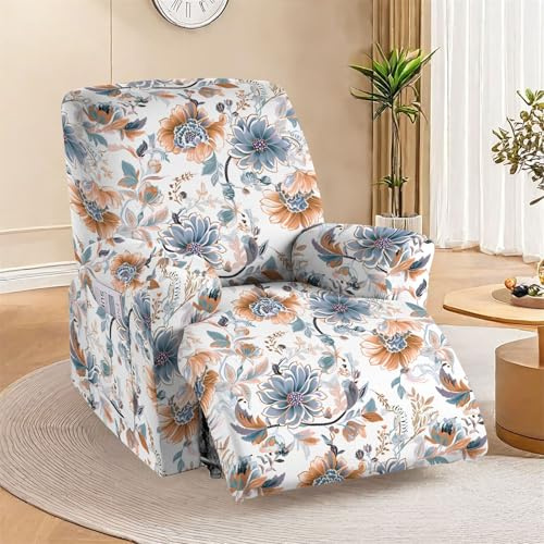 Hearda Stretchhusse für Relaxsessel, Blume Drucken Sesselschoner für Relaxsessel 4-Teilig Sesselbezug Relaxsessel Bezug Stretch mit Tasche Bezug für Fernsehsessel (Blau Blume)