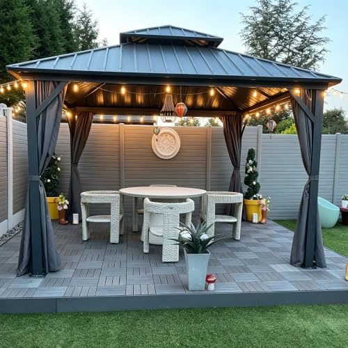 PURPLE LEAF Alu Pavillon 3.65 x 3.65 m LED Licht Stahldach Basisch, Grau | Bruchsichere LED-Licht, Voll-Alu-Rahmen, Rostfreies Stahldach, Doppellagige Seitenteile, Anti Verblassen, Feste Haken
