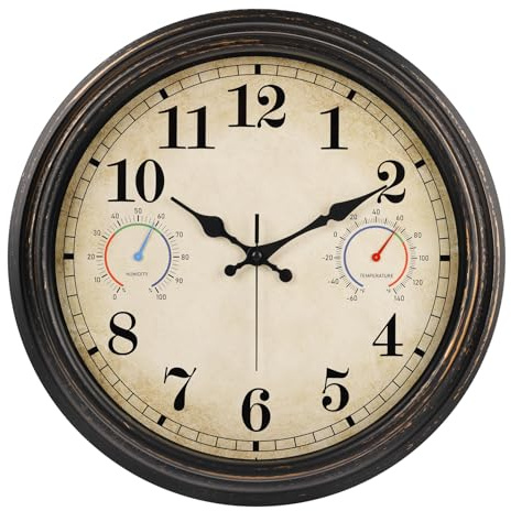 Alarllok 40,6 cm große Outdoor-Uhr mit Thermometer und Hygrometer, wasserdicht, für Innen- und Außenbereich, Wanduhren für Terrasse, Pool, Garten, Dekoration, Retro-Bronze