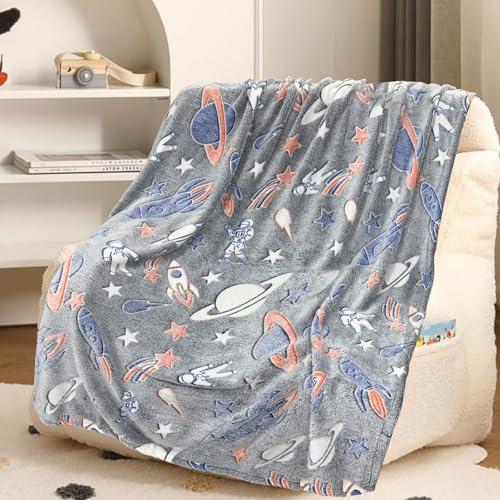 Manta de Unicornio - 100 x 150 cm Manta que Brilla Oscuridad, Mantas Infantiles Cálidas y Mullidas para Niños de 1 a 10 Años - Manta para Sofá, Cama, Viaje, Sala de Estar (Cohete, 100 x 150cm)