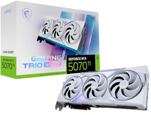 MSI NVIDIA GeForce RTX 5070 Ti 16G GAMING TRIO OC WHITE Carte Graphique - 16 Go GDDR7 (28 GB/s, 256-bit), PCIe 5.0 - TRI FROZR 4 (3 x Ventilateurs STORMFORCE) - RGB - HDMI 2.1b, DisplayPort 2.1b