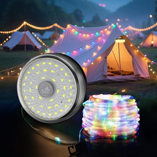 Camping String Lights 10M/32.8FT, 4000mAh Rechargeable Outdoor Tent Lights with 8 Lighting Modes, Quick Storage, Camping Essentials Gear, Hanging Waterproof Portable LED Lamp for Camping, Yard, Hiking