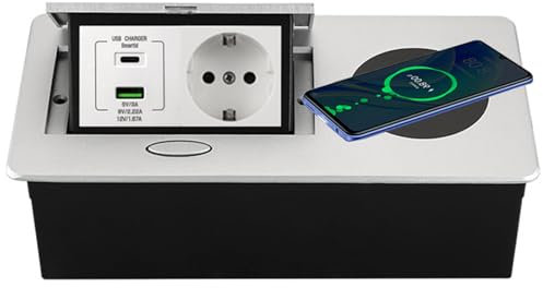 Toma De Corriente Empotrada Para Escritorio,Enchufe Emergente Con Cargador Inalámbrico Rápido De 15 W,PD 20 W Usb (A+C), Enchufe Integrado Para Encimeras De Oficina,Cocina Y Hogar,Silver-EU-plug