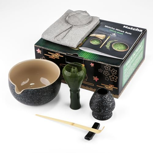 Set 7 Pezzi Matcha, Frusta Matcha in Resina, Set da tè Macha con Cucchiaio, Porta Frusta, Matcha Whisk, Paletta, Colino, Accessori Matcha del tè Tradizionale Giapponese Miglior Regalo, Macchia nera