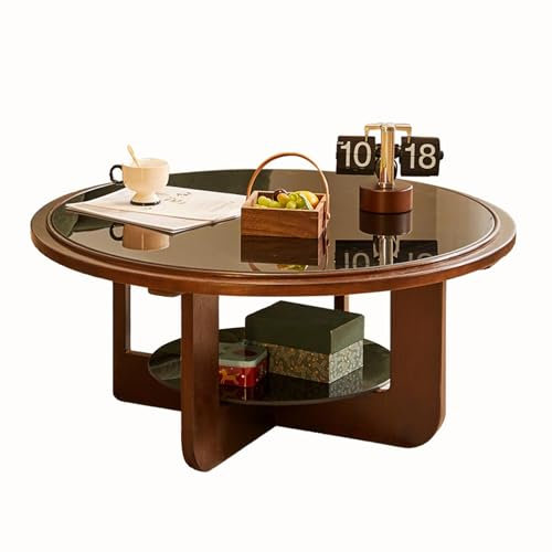 Table basse ronde industrielle à 2 niveaux avec étagères ouvertes, design moderne en bois et verre pour le salon, table basse ronde centrale en finition noyer