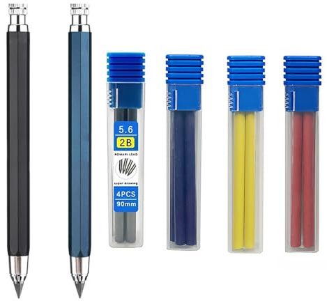 MROOFUL Juego de portaminas metálicos de 5.6mm con mina 2B de 4 colores para marcado de carpintero, dibujo de ingeniería, bocetos de ingeniero, escritura (negro+azul)