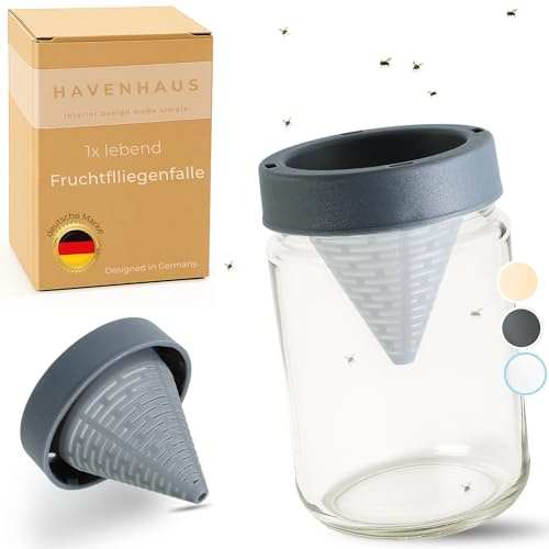HAVENHAUS Fruchtfliegenfalle Glas wiederverwendbar | Obstfliegenfalle für Küche | Fruchtfliegen dauerhaft loswerden | Fruit Fly Trap | Lebendfalle Fliegenfalle gegen Fruchtfliegen