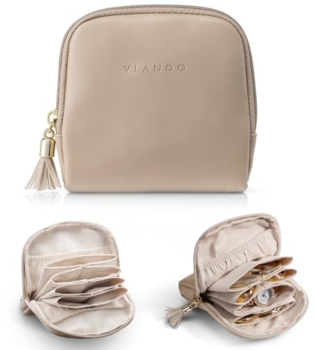 VLANDO Travel Jewellery Box, Gifts for Mum, Travel Jewellery Organiser with Zipper, Velvet Lining Jewellery Pouch for Rings, Bracelets & Necklaces,Travel Essentials, Toffee