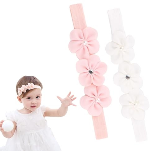 UZYXC 2 piezas de diademas para niñas con flores de gasa cosidas a mano, diademas suaves con 3 flores, transpirables para recién nacidos y bebés, cómodas para el uso diario (blanco + rosa)