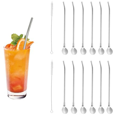 Lot de 14 pailles avec cuillère, cuillère, cuillère avec paille, cuillère et cuillère en acier inoxydable, avec 2 brosses de nettoyage, pour latte, macchiato, cocktail, milkshakes