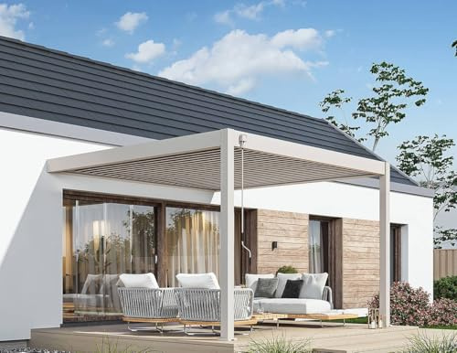 Weide Deluxe Aluminium Pergola zur Wandmontage mit verstellbarem Lamellendach | Witterungsbeständiger Pavillon für Terrasse & Garten mit Handkurbel und Wasserablauf