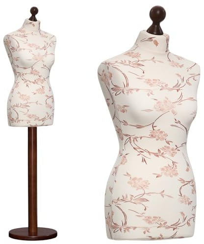 DummyDoll Schneiderpuppe weiblich Größe 40/42, Überzug Creme braune Blumen, Fuß Holzteller + Holzknauf Nuss