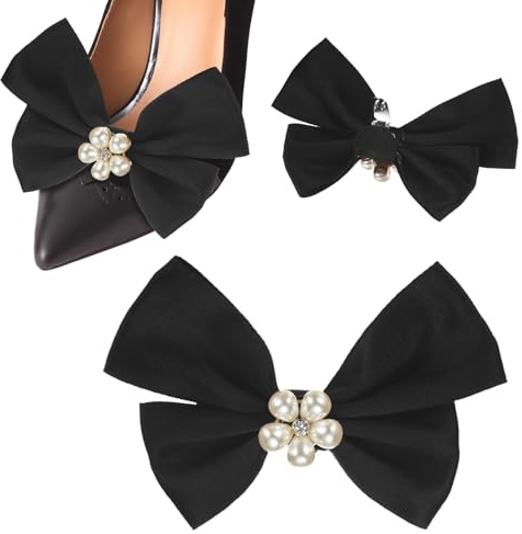 M METERXITY 2-Pack Bow Shoe Clips, Satin Elegant Detachable Shoe Buckle Bridal Bow Heels Accessories with Pearl Rhinestone for Wedding/Party/Prom, Cute Bowknot Heels Clip [Black]