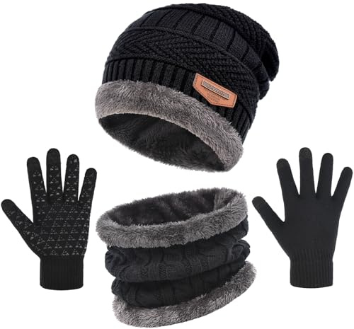 29 IYEBRAO 3-Teiliges Wintermützen-Handschuhe-Schal-Set Dickes Fleecefutter Warme Strickmütze Touchscreen-Handschuhe Halstuch für Kaltes Wetter Männer & Frauen