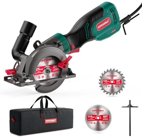 HYCHIKA Sierra Circular de Mano, Mini Sierra Circular 750W 3500 rpm con Bolsa de Transporte, 3 Hojas de Sierra 115+125mm, Riel de Guía, Profundidad de Corte 48mm, para Madera, Metal Blando, Plástico