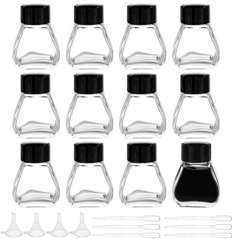 BENECREAT 12 barattolo di Inchiostro In Vetro Resistente Da 4x4.3x5.7cm, Flaconi di Inchiostro Vuoti Trasparenti Da 30 ml con Tappi di Plastica, 6 contagocce di Plastica e 4 imbuti