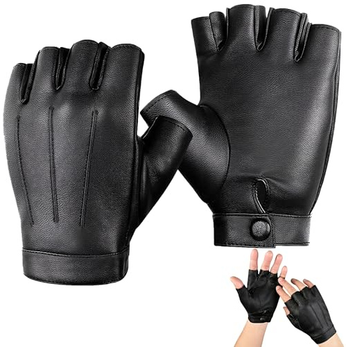 KUAJTUN Leicht Leder Outdoor Halb Fingerlose Handschuhe für Herren Damen, Praktisch Lederhandschuhe Motorrad Training, Schwarz Motorradhandschuhe, Fingerless Gloves für Fahren Outdoor