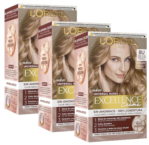 L'Oréal Paris Pack 3 Excellence Universal Nudes 8U Rubio Claro 550 - Coloración Triple Cuidado Sin Amoniaco con Pro-Keratina