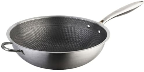 FIXOSHEE Padella Wok in Acciaio Inox 34 CM Fondo a Nido D’Ape Manici Doppi in Acciaio Wok Tradizionale per Fornelli a Induzione Utensile da Cucina Versatile per Carne Verdure e