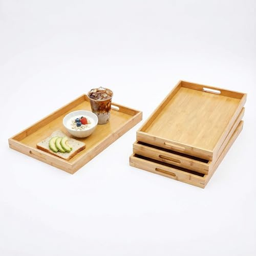 Natural Bamboo Serving Tray Collection - Set of 4 with Handles, Perfect for Breakfast in Bed, Tea Service, & Stylish Kitchen Storage