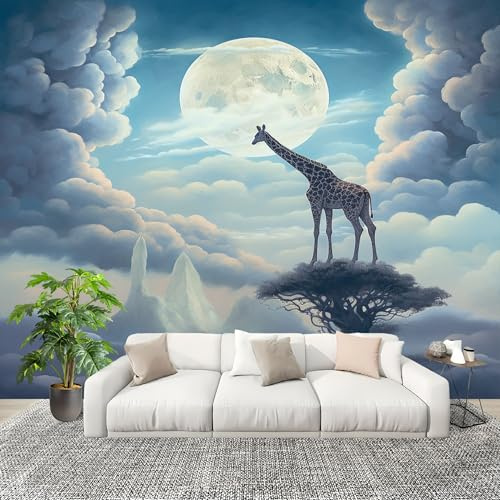 Mural Papel Pintado 3D 350x256cm Animales De EnsueñO Jirafa Fotomurales Tejido No Tejido Antiarrugas Póster Azul Murales Fotográfico Moderno Decoración de Paredes