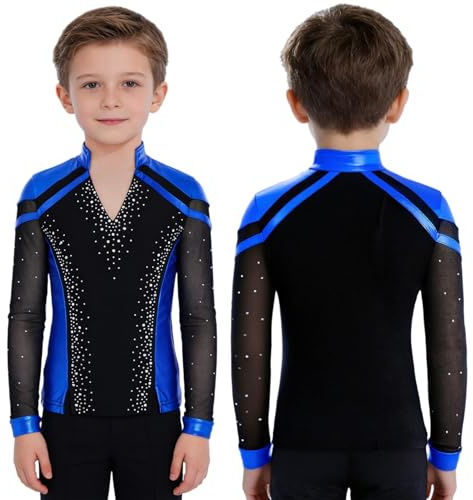 DINORMIN Figure Skating Shirts for Boys Gymnastics Leotard One Piece Latin Performance Costume Ballet Dance Bodysuit Royal Blue 5-6 Years