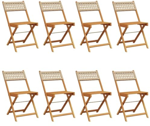 HFMDRMU Poly Rattan Klappstühle 8er Set Beige mit Massivholz Armlehnen, Gartenstühle aus Akazienholz und PE Rattan, klappbar für Terrasse Balkon, belastbar bis 110 kg