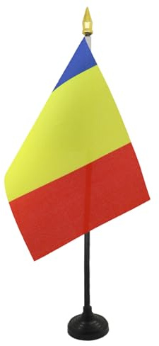 AZ FLAG - Romania Table Flag 4'' x 6'' - Romanian Mini Desk Flag 100% Polyester 15 x 10 cm - Office Mini Banner with 10'' Pole - Golden Spear