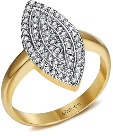 BOBIJOO Jewelry - Bague Marquise en Acier Inoxydable Doré à l'or Fin avec 63 Strass en Oxyde de Zirconium - Élégance Scintillante - 48 (4 US)