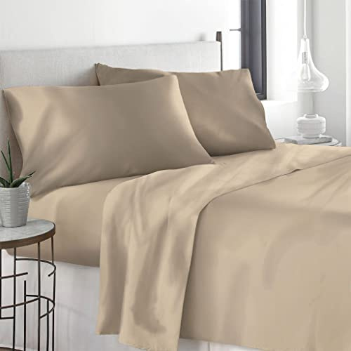 LARA MORADA - Set Completo Lenzuola Matrimoniali, 100% Cotone, Made In Italy, Tinta Unita, Per Letto Matrimoniale 2 Posti, Beige