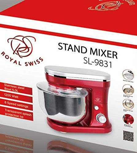Royal Swiss® Robot de cuisine malaxeur pétrisseur 5 L 1500W – Bol Inox 5L – 10 Vitesses + Fonction Pulse – Mouvement Planétaire 360° – Batteur, Crochet, Fouet – Silencieux – Rose