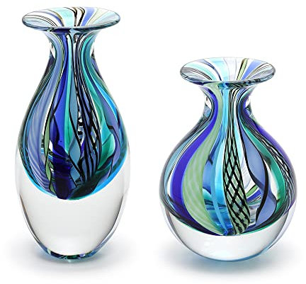 Ca D Oro - Coppia di piccoli vasi in vetro soffiato a mano, stile bohémien, con canne blu/verdi, modelli nº 2/3