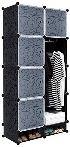 NAIZY Kleiderschrank Schwarz DIY Regalsystem aus Kunststoff Garderobenschrank Steckregal Steckregalsystem mit Tür Kunststoffschrank (8 Würfeln, mit Schuhschrank)