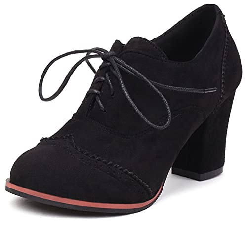 Lizoleor Richelieu Femme Talon Carré Haut Lacets Oxford De Bureau Rétro Décontractée Classique Noir Taille 40 EU/41CN