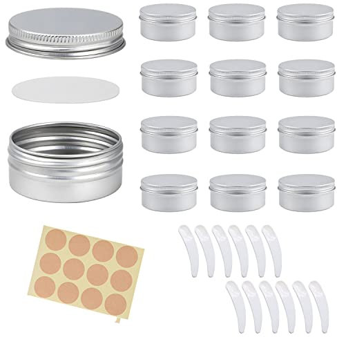 HOMEJOY 12 Stück 50 ML Aluminium Leer Döschen Leere Dosen mit Schraubdeckel Reise Tragbar Kleine Metalldose mit 2 Stücke runde Aufkleber für lippenbalsam Lotion Creme Kosmetik