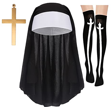 OhMill Nonnenkostüm Nonne Set 3 Stück Nonnen-Kopfschmuck Strümpfe Kreuz Kostüm Karneval Halloween Cosplay Party für Erwachsene Einheitsgröße