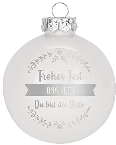 Herz & Heim® Weihnachtskugel aus Glas mit persönlicher Gravur/Rot oder Weiß/Matt oder Hochglanz/Ø 8 oder 10 cm/Verschiedene Motive Ø 10 cm, Weiß Hochglanz, 3 Zeilen Wunschtext