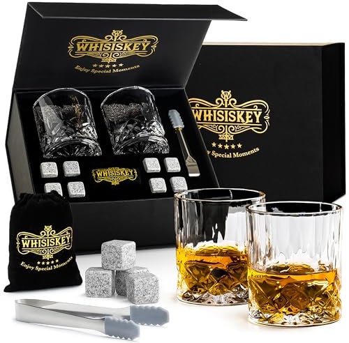 Whisiskey - Whiskey Glasses Set of 2 - Whisky Accessories Set - Whisky Gift Set - Gifts for Men - Reusable Ice Cubes - Contains: 2 Tumbler Glasses, 8 Whiskey Stones, Storage Bag & Ice Tongs