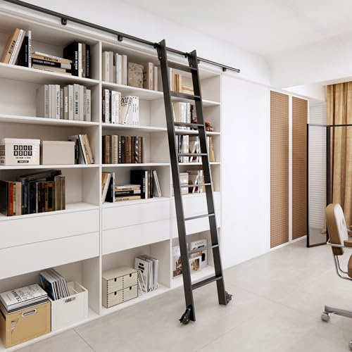 HARDJULAN 96 Black Sliding Library Ladder with 4FT Hook Track – Lightweight Aluminum Rolling Ladder with Braking Wheels, Space-Saving Rail Mounted Ladder System for Home Library, Closet & Storage