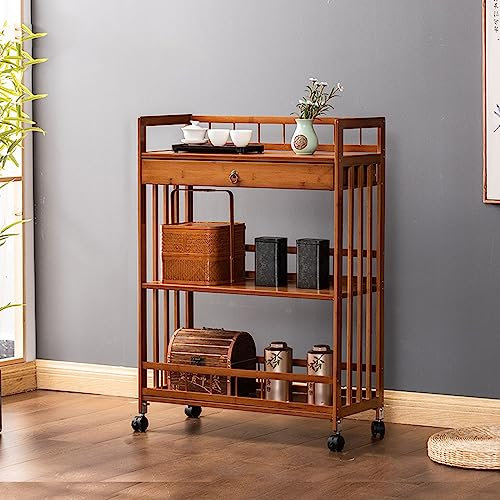 XIAOZHUANGXIONG Rollwagen mit Schubladen, Gesunder Bambus, Klassische Form, Leicht zu Reinigen, Dreistufiger Trolley mit Retro-Griffen und Stabilen Rollen (Size : 68 * 29 * 95cm, Color : with Drawer)