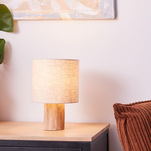 Lightbox Tischleuchte Natur, Holzfuß, Stoffschirm, E27 Leuchte | Dekorative Nachttischlampe fürs Schlafzimmer und Büro, natürlicher Look für gemütliche Räume