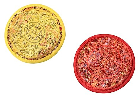 OFFSCH 2 Stück Buddhistische Klangschalenkissen aus Handgefertigtem Rotem Stoff mit Traditionellem Nepalesischem Stickmuster Rutschfeste Klangschalenmatte für Meditation und Tibetische